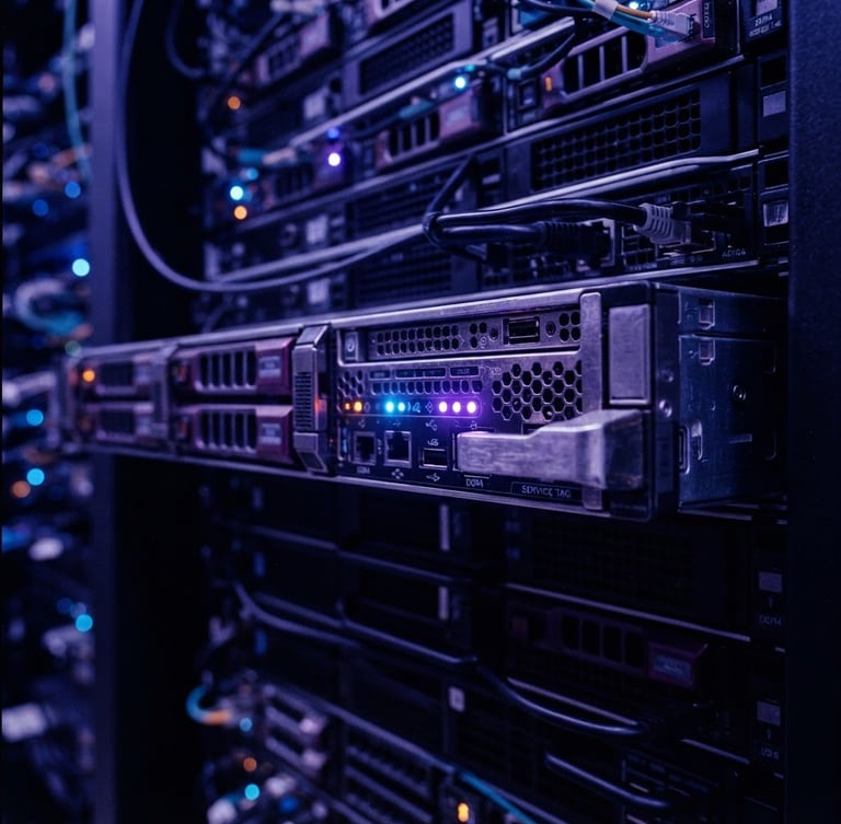 Cinematic macro shot of enterprise server rack blades, illuminated by deep violet and cool blue diagnostic LEDs, sharp focus on brushed metal textures, anamorphic lens.