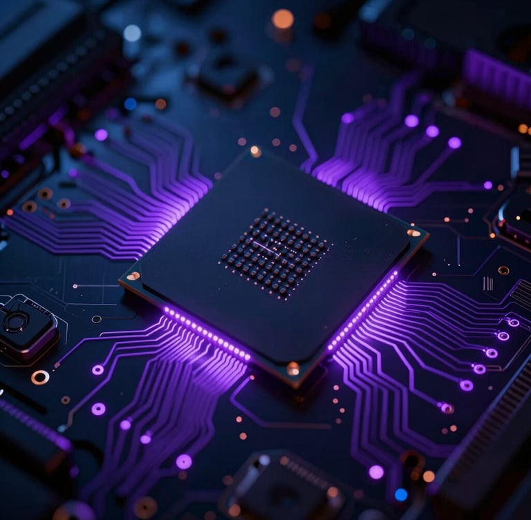 Macro technology photography of high-end server processor, glowing violet circuits, dark high-contrast lighting, shallow depth of field