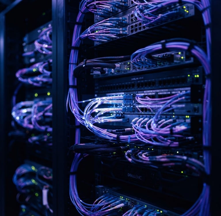 Cinematic macro shot of high-end server racks with deep violet and cool blue ambient glows, shallow depth of field, sharp focus on glowing fiber optic cables.