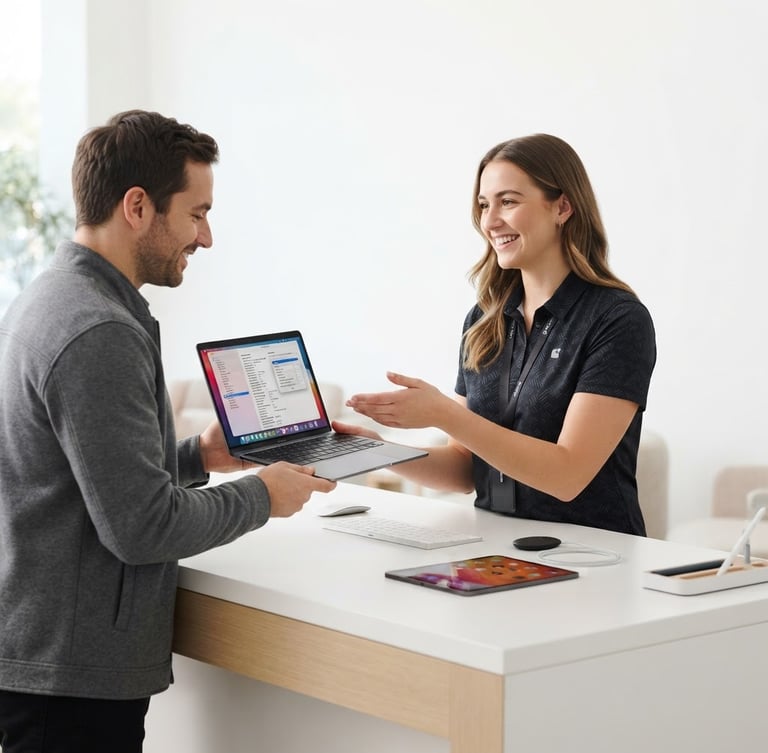 Sleek, modern support desk with a friendly technician assisting a customer, bright clean studio lighting, soft shadows, sharp focus, modern tech aesthetic
