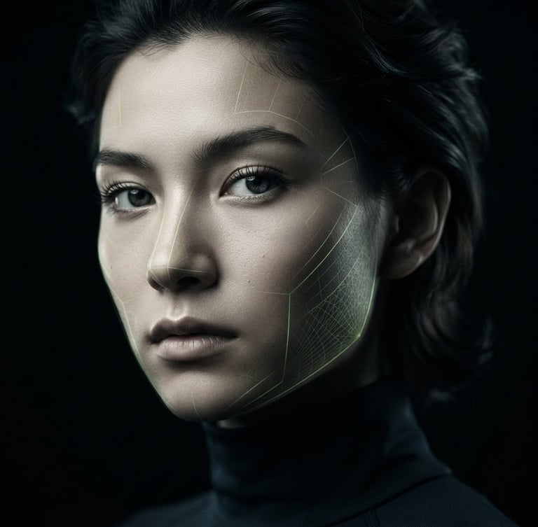 Sleek tech-editorial photography of a person's face, high-contrast studio lighting, subtle cyber-lime geometric mapping lines overlaid, deep obsidian background, sharp focus.