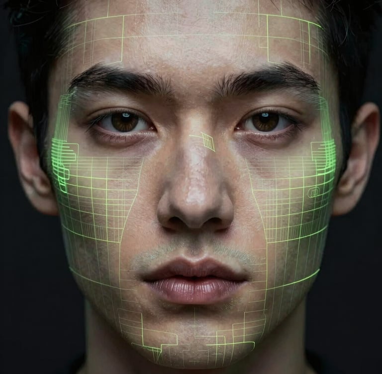 Close-up portrait of a person's face with subtle cyber-lime geometric grid lines and mapping overlays, cool high-contrast studio lighting, deep obsidian background, sleek tech-editorial photography, eye-level headshot.