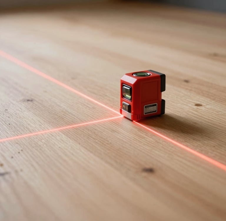 A high-contrast macro shot of a red laser level casting a sharp, straight line across a clean, newly leveled plywood subfloor, with directional work lights highlighting the smooth, flat surface.