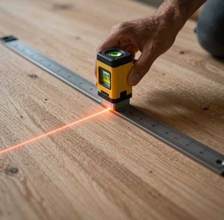 Tight macro shot of a laser level casting a sharp orange line across a perfectly flat plywood subfloor, an installer checking tolerances with a metal straightedge, high-contrast directional work light.
