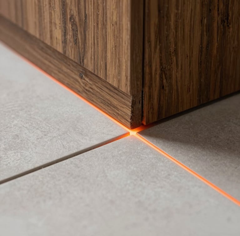 Tight macro shot of a perfectly flush transition joint between dark oak hardwood and light gray porcelain tile, a sharp orange laser line highlighting the flawless alignment.