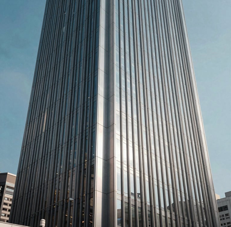 Low-angle architectural shot of a modern corporate tower in Mong Kok, Kowloon, sharp geometric shadows, cool brushed silver facade, crisp daylight.