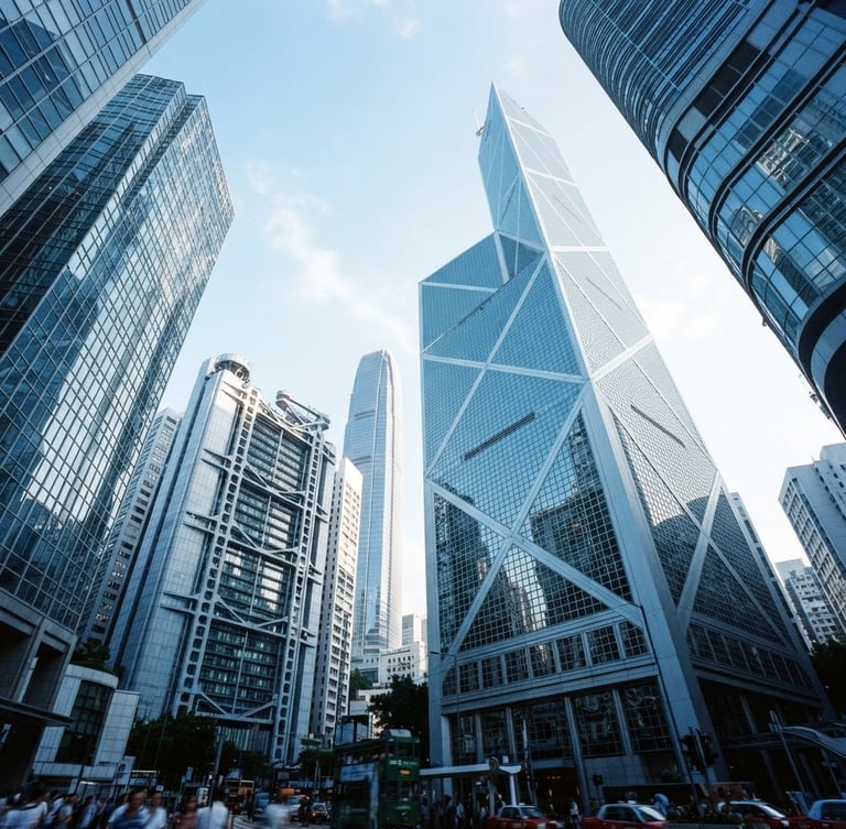 Low-angle architectural shot of Hong Kong's central district skyscrapers, sharp steel and glass lines reflecting cool daylight, 35mm lens.