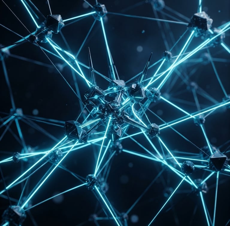 Macro close-up of high-fidelity abstract 3D nodes and glowing vector network lines, sharp electric cyan rim lights, deep obsidian background, depth of field
