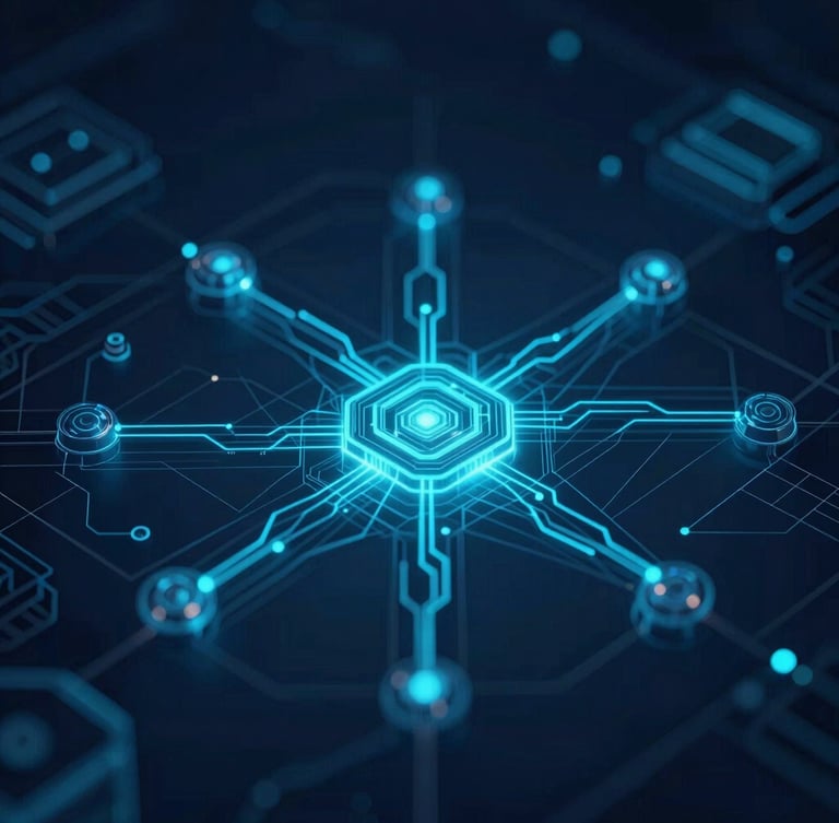 Sleek architectural system blueprint of a distributed neural network, glowing electric cyan lines, isometric view, macro depth of field