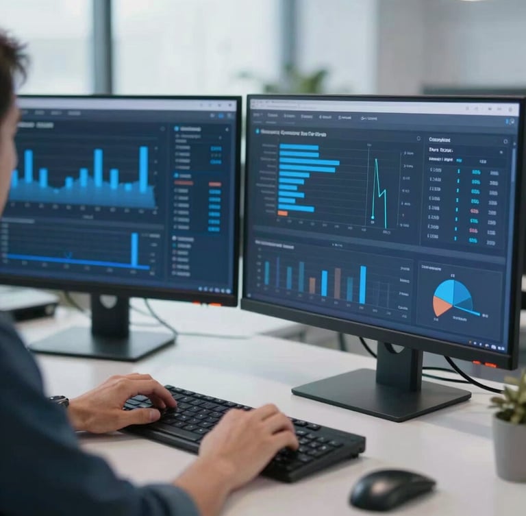 Medium close-up of a developer analyzing real-time conversion dashboard metrics on a dual-screen setup, cool clean office daylight, slate and electric blue tones, 35mm