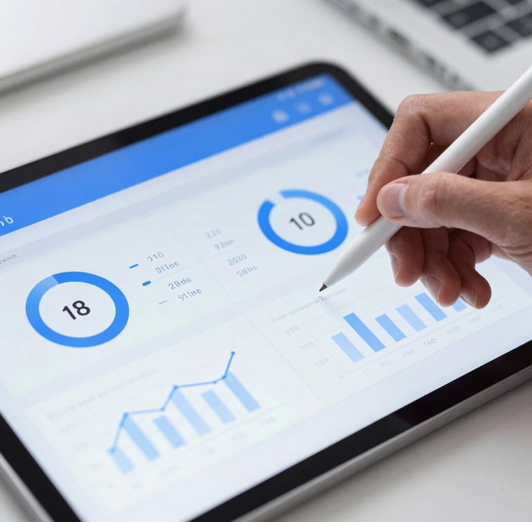 Sharp macro shot of a data interface showing conversion rate optimization metrics on a tablet, hands holding a stylus, crisp cool-toned studio lighting