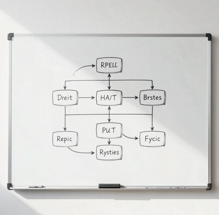 Straight-on architectural shot of a clean physical whiteboard with a hand-drawn systems flowchart, bright natural daylight, high-contrast cool tones.