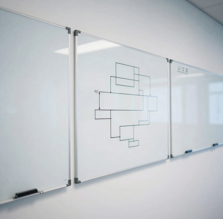 Crisp architectural photography of a clean, modern manufacturing control room with physical whiteboards displaying flowcharts, bright natural daylight, high-contrast composition, 35mm lens