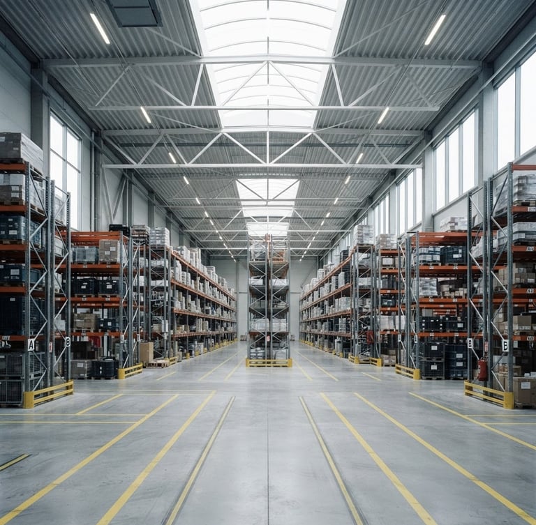 Straight-on architectural photograph of a clean, organized logistics warehouse floor with clear painted safety lines, bright natural high-key daylight, high contrast.