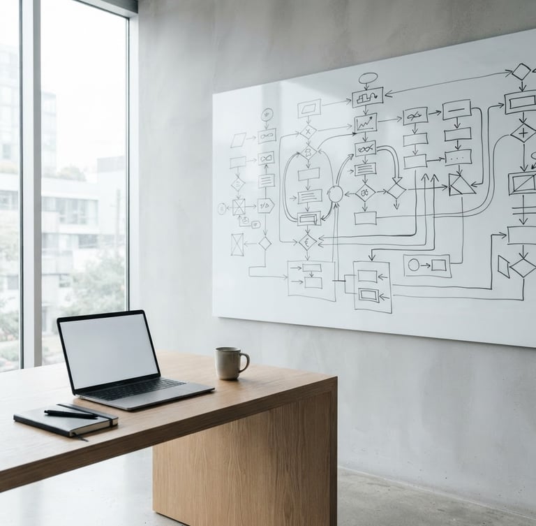 Crisp architectural photography of a clean physical workspace with a large flowchart whiteboard, bright natural daylight, high-contrast minimalist composition.
