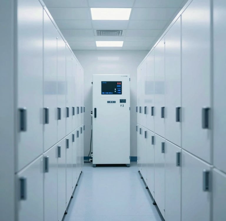 A high-tech pharmaceutical logistics warehouse, clean cool-toned lighting, rows of temperature-controlled storage units, sharp focus, 35mm