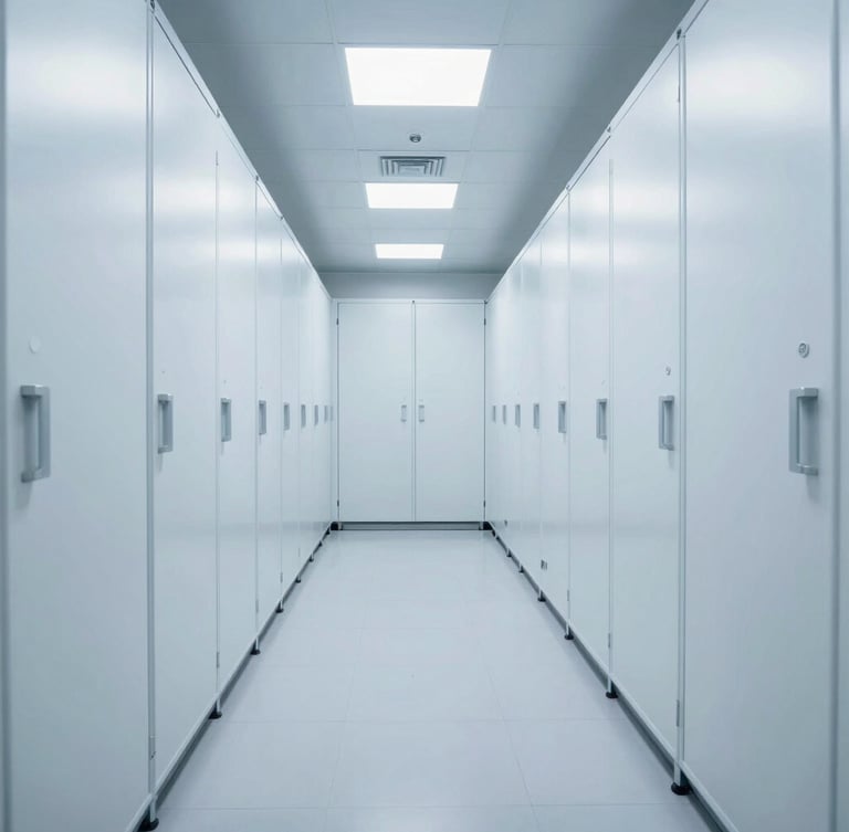 High-tech logistics warehouse interior with temperature-controlled cargo storage, bright clean clinical daylight, sterile white and cool blue tones, sharp focus, 35mm
