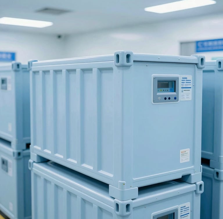 A close-up of temperature-controlled pharmaceutical cargo containers inside a clean, brightly lit modern logistics warehouse, sterile blue tones, sharp focus, 35mm.
