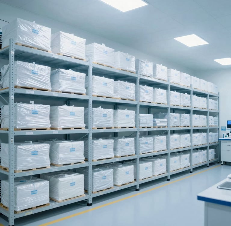High-tech pharmaceutical logistics warehouse, temperature-controlled environment, cool-toned clinical lighting, organized medical cargo, 35mm.