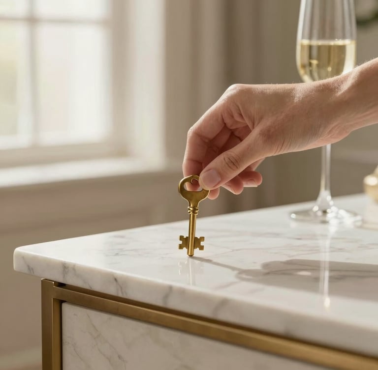 Close-up of a hand placing a polished brass key on a clean marble console table, soft morning light, warm editorial interior photography.