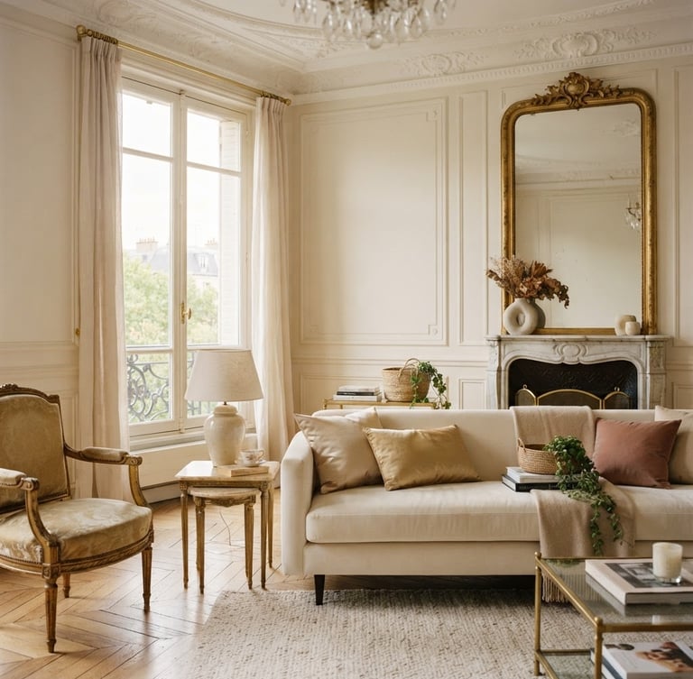 Elegant Parisian apartment interior in Colombes, high ceilings, warm natural light pouring through tall windows, soft cream and champagne gold tones, architectural details, editorial styling.