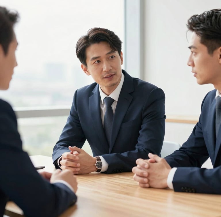 Collaborative professional setting with natural daylight, off-center medium close-up of business partners discussing strategy around a light wood table, 35mm