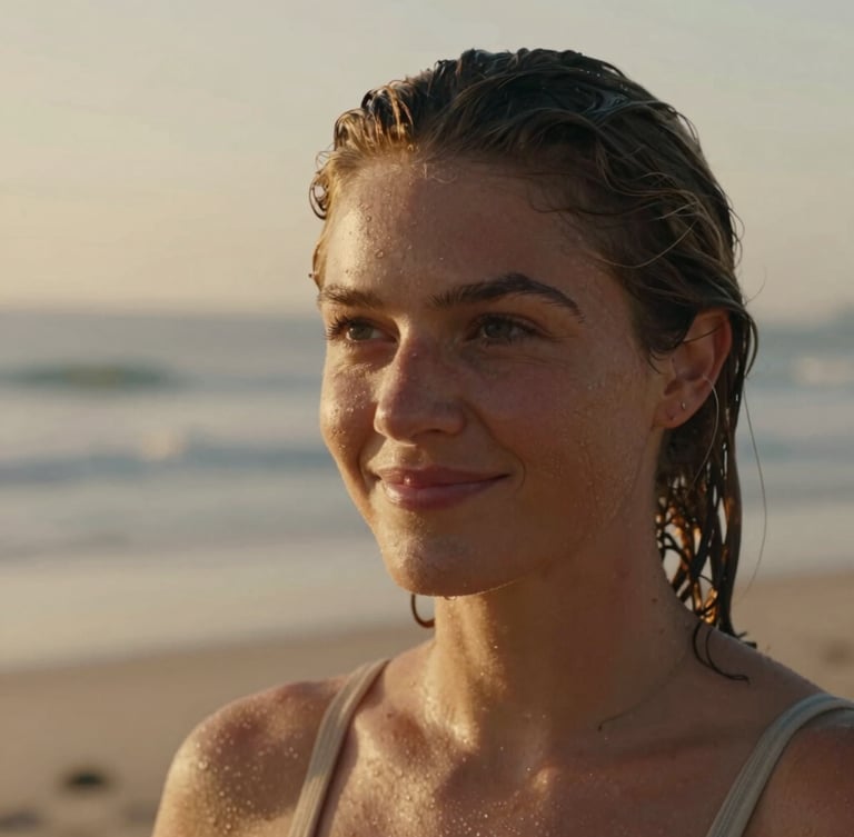 Intimate close-up portrait of April, a professional female surfer, smiling softly with salt-water droplets on her skin, warm golden-hour light, cinematic 35mm film.