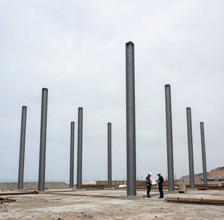 Wide architectural angle of an active construction site in Peru, structural steel columns rising against an overcast coastal sky, engineers in hardhats reviewing plans in the distance.