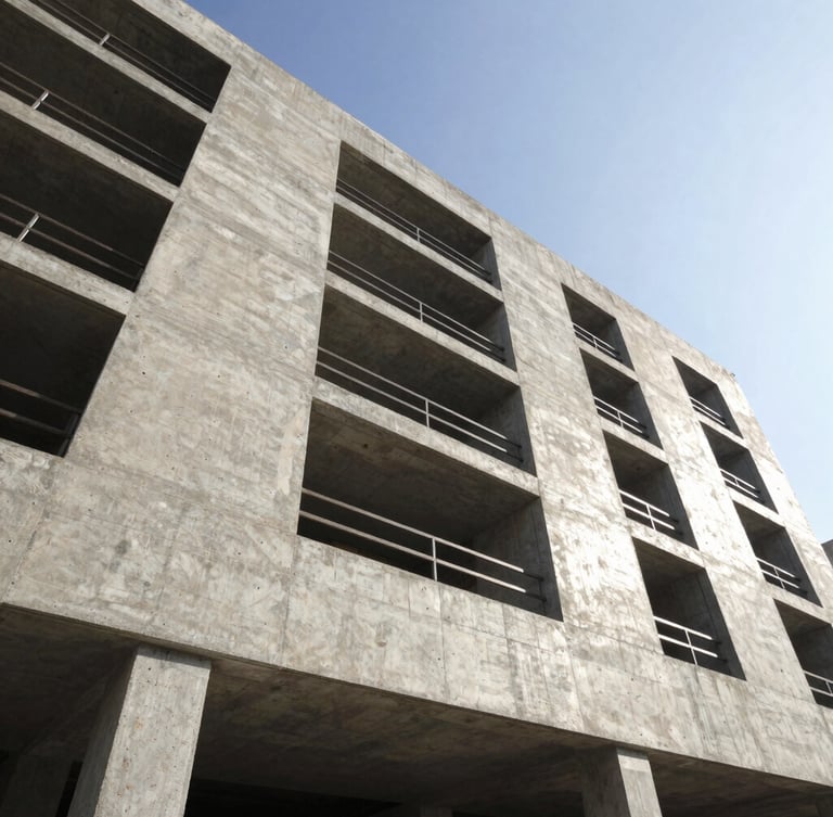 Low-angle architectural photography of a modern concrete building facade under construction in Lima, sharp morning sun casting clean geometric shadows, high-contrast steel and concrete, professional.