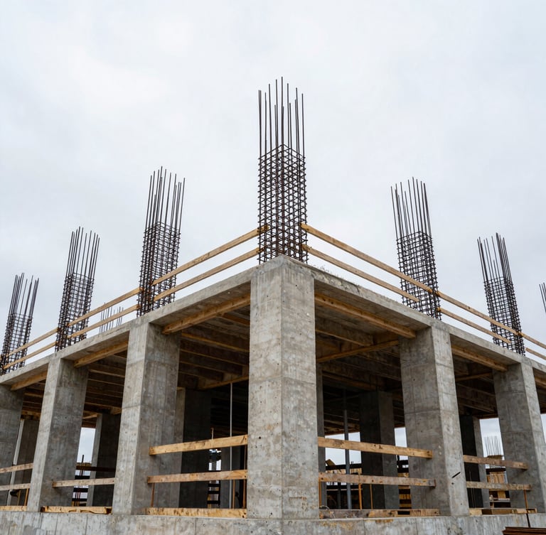 Wide architectural angle of an active Peruvian construction site, concrete columns and steel reinforcement skeletons reaching toward an overcast coastal sky, low angle shot