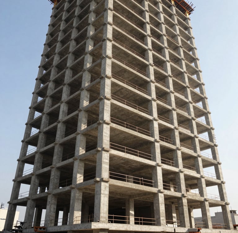 Wide-angle architectural photograph of a massive concrete structural skeleton of a high-rise building under construction in San Isidro, Lima. Sharp morning sun casting clean geometric shadows, steel rebars visible, professional engineering precision.