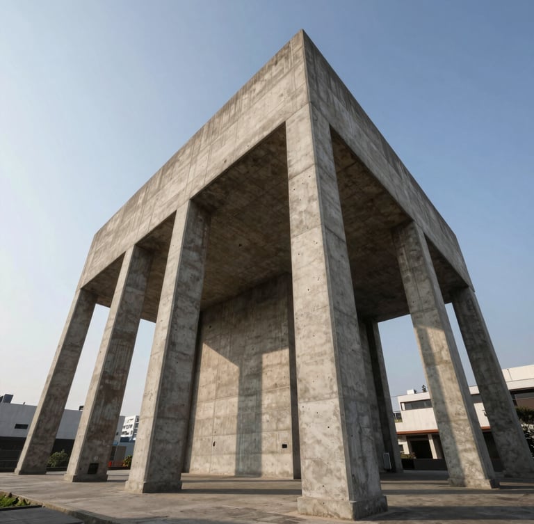 Low-angle architectural photograph of a massive concrete foundation and structural steel columns under a crisp morning sky in Lima, strong geometric shadows, professional.