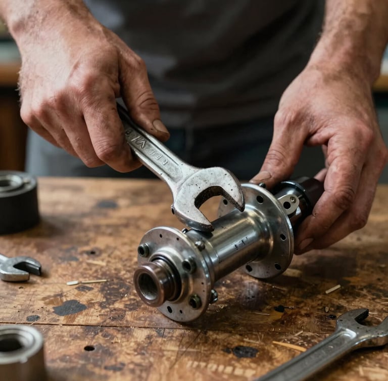 Close-up of grease-stained hands holding a heavy metal wrench over a disassembled vintage bicycle hub on a worn wooden workbench, natural harsh light.