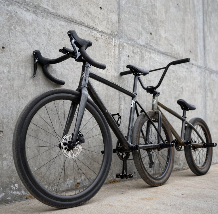 Candid low-angle shot of a carbon road bike and a scuffed BMX bike leaning together against a concrete wall, dirty shins of riders visible.