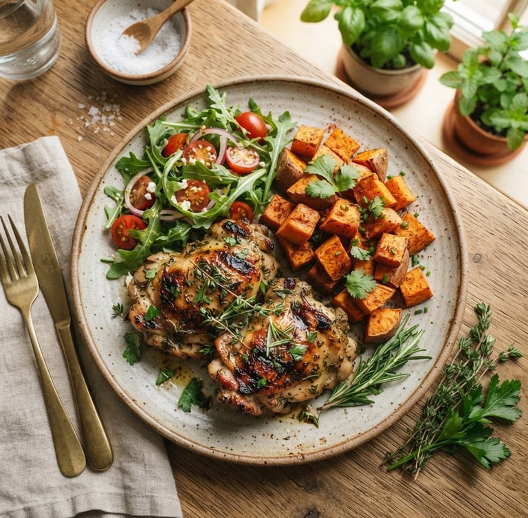 Warm editorial food photography, soft kitchen window light. Overhead flat-lay of a beautifully arranged ceramic plate with grilled chicken, roasted sweet potatoes, and fresh herbs, rich natural colors.