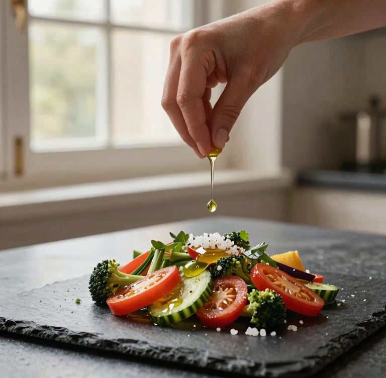 Warm editorial food photography, soft kitchen window light. Close-up of hands gently seasoning a fresh vegetable dish with olive oil droplets and sea salt on a dark slate counter.