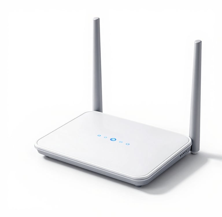 Sleek modern home internet router with soft blue status lights, bright high-key studio lighting, sharp focus, clean white background