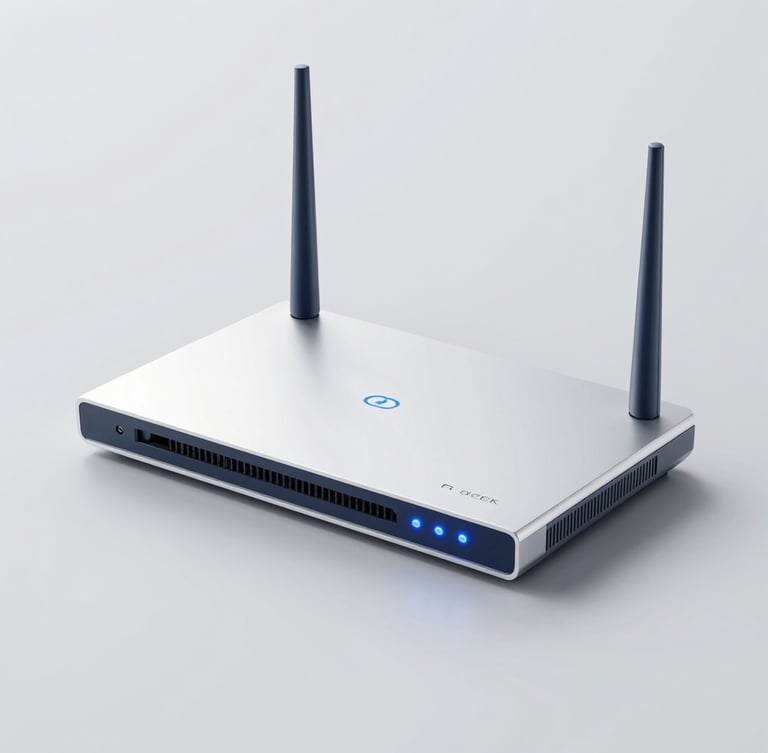 Sleek modern enterprise router with soft blue status lights, clean slate grey background, sharp focus, high-key studio lighting