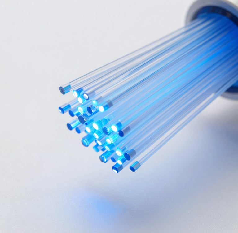 Close-up of high-speed fiber-optic glass textures glowing with soft blue light, clean corporate technology aesthetic, sharp focus