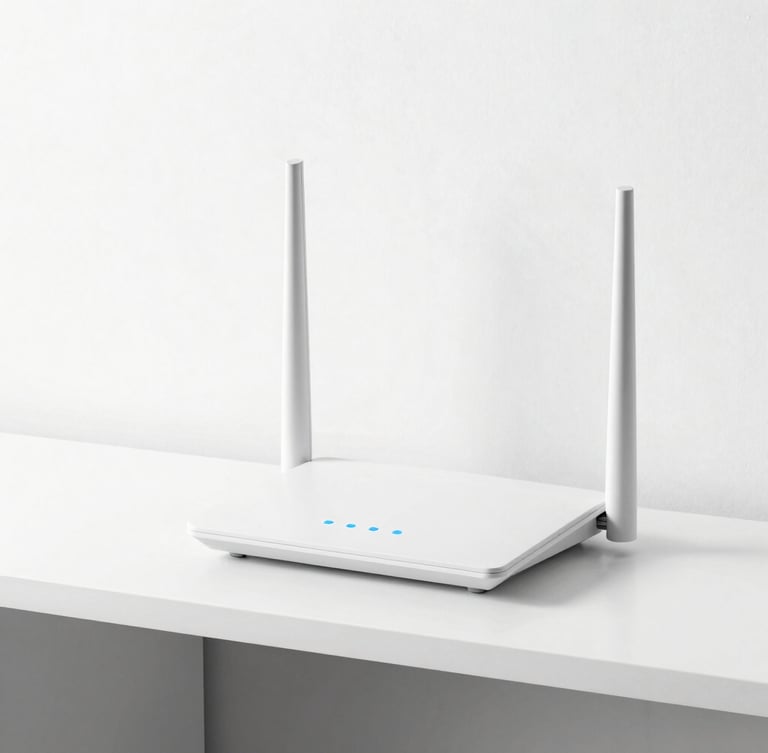 A clean home router with soft blue status lights on a minimalist white shelf, daylight, sharp focus