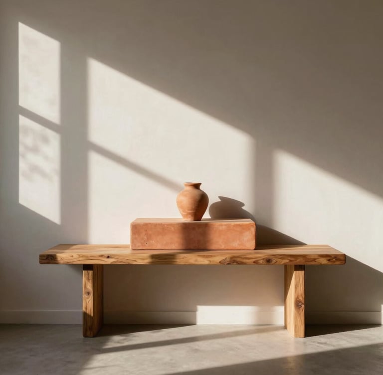 Sun-drenched minimalist living room featuring a beautifully integrated terracotta altar on a raw wood console, soft morning light, architectural shadows.