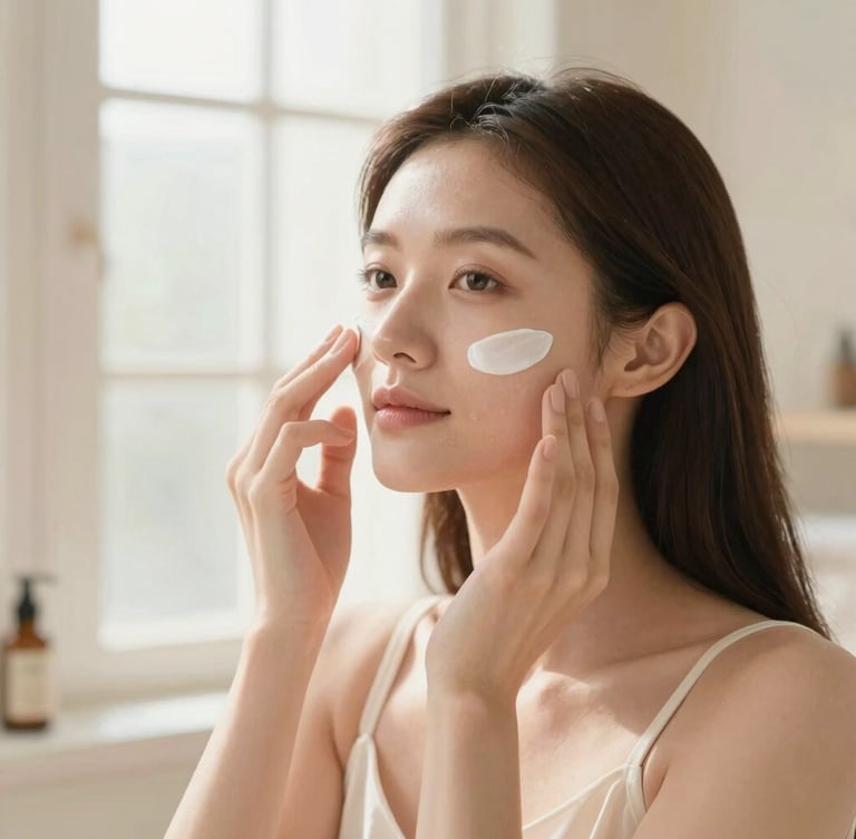 Elegant woman applying a luxurious face serum in a serene, sunlit beauty room, soft morning window light, cream and blush tones, shallow depth of field, 35mm