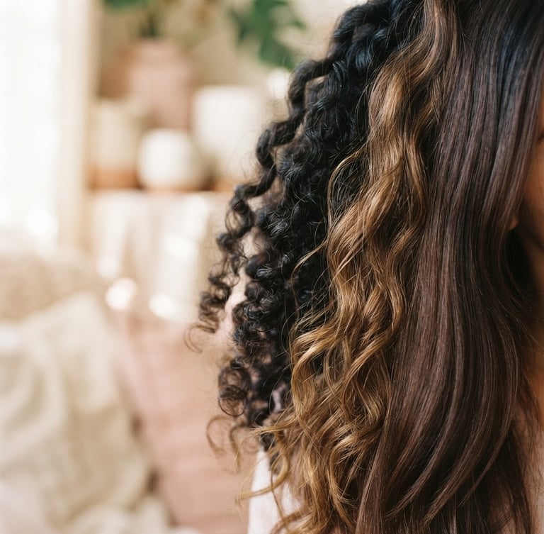 Close-up of diverse healthy hair textures, soft morning window light, cream and blush tones, shallow depth of field, 35mm, elegant and natural