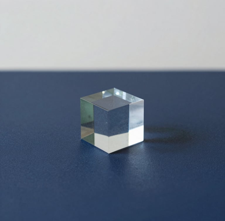 Minimalist composition, soft overcast daylight, a structured geometric glass prism reflecting clean light on a deep navy surface, 35mm lens.