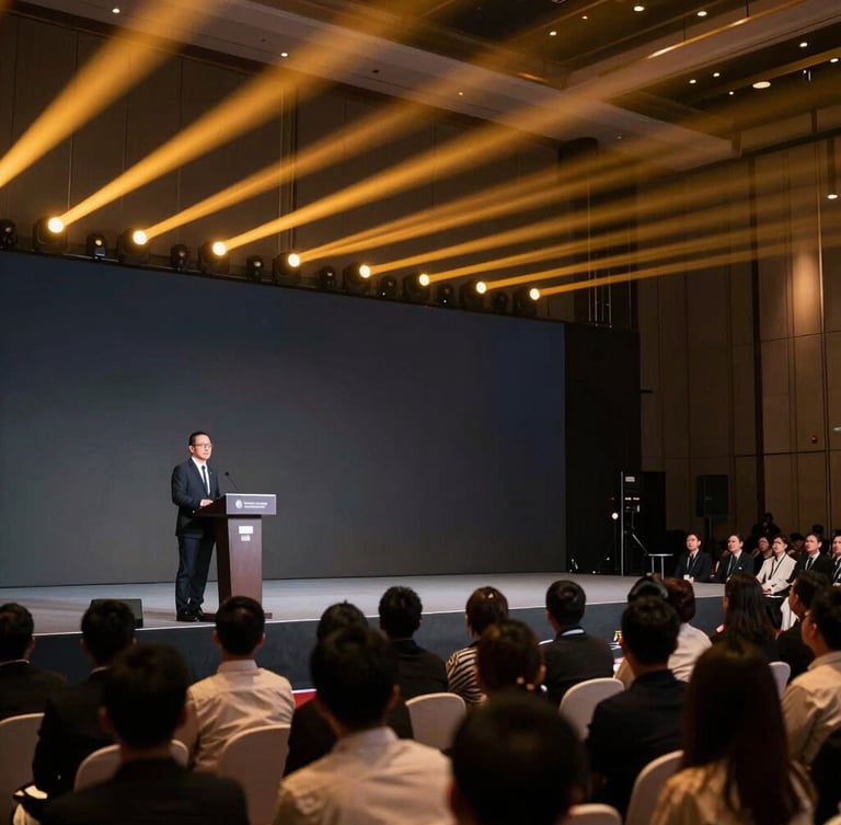 A wide-angle shot of a modern Indonesian corporate event hall, dynamic stage lighting with warm amber spotlights, a professional speaker standing confidently at the podium, an engaged audience in soft focus, high contrast.