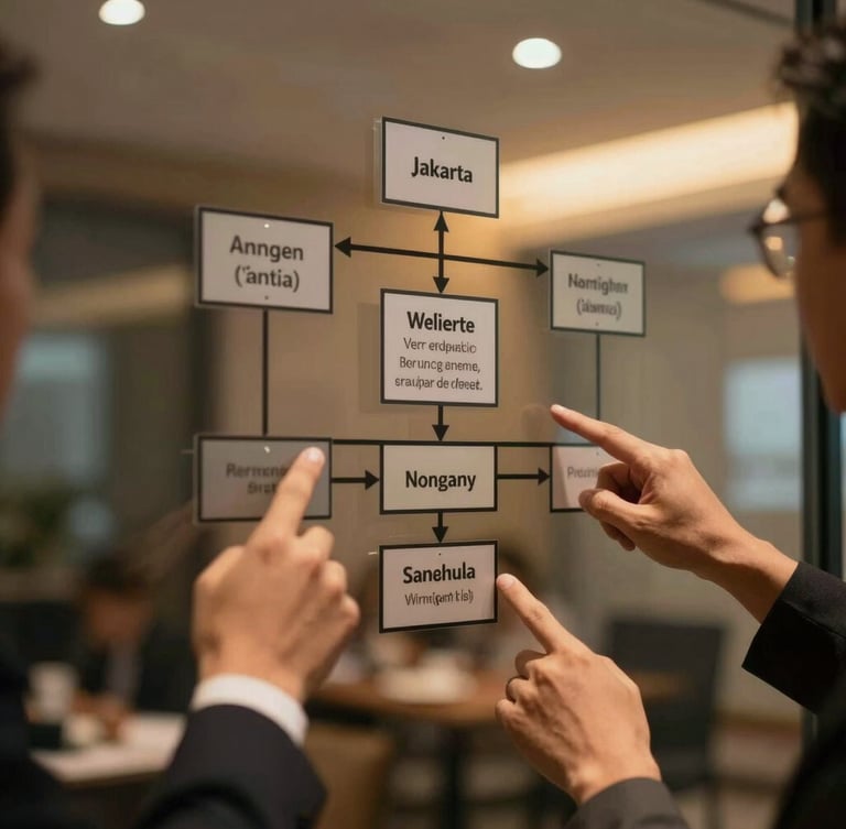 Close-up of a collaborative corporate planning session in Jakarta, hands pointing at structured organizational charts on a glass board, warm amber lighting