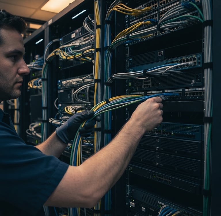 Technicien installant un câblage structuré dans une baie de serveurs, gros plan sur les mains et les câbles, éclairage contrasté, tons bleu ardoise et ambre, composition architecturale nette.