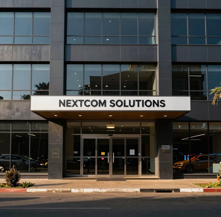 Wide shot of a modern office building entrance in Yaoundé, Cameroon, with a subtle sign for 'NEXTCOM SOLUTIONS' and the 'MAX' supermarket across the street, sharp high-contrast lighting, deep slate and amber tones, clean architectural composition, 50mm lens.