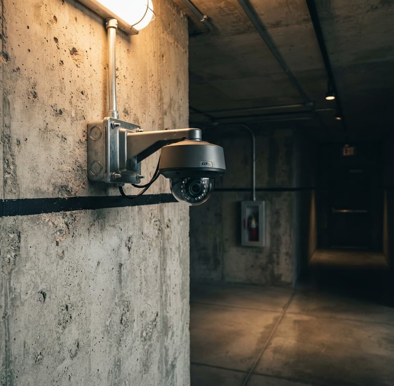 Wide shot of a modern IP security camera mounted on a concrete wall inside a commercial building, sharp high-contrast lighting, deep slate and amber tones, clean architectural composition, 50mm lens, focus on the camera and its secure mounting.