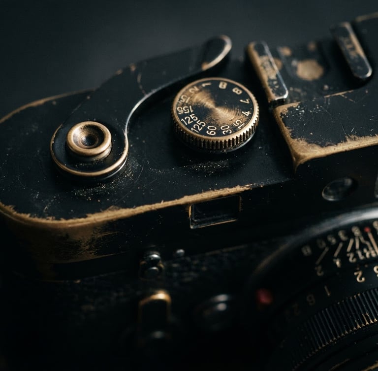 Extreme close-up of a rangefinder camera top plate, matte black paint wearing to show brass underneath, sharp side lighting on the shutter dial, shallow depth of field